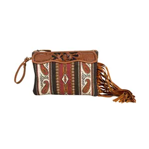 Western Paisley Wristlet Purse – Tooled Leather & Woven Canvas Cowgirl Clutch (11” x 8”)