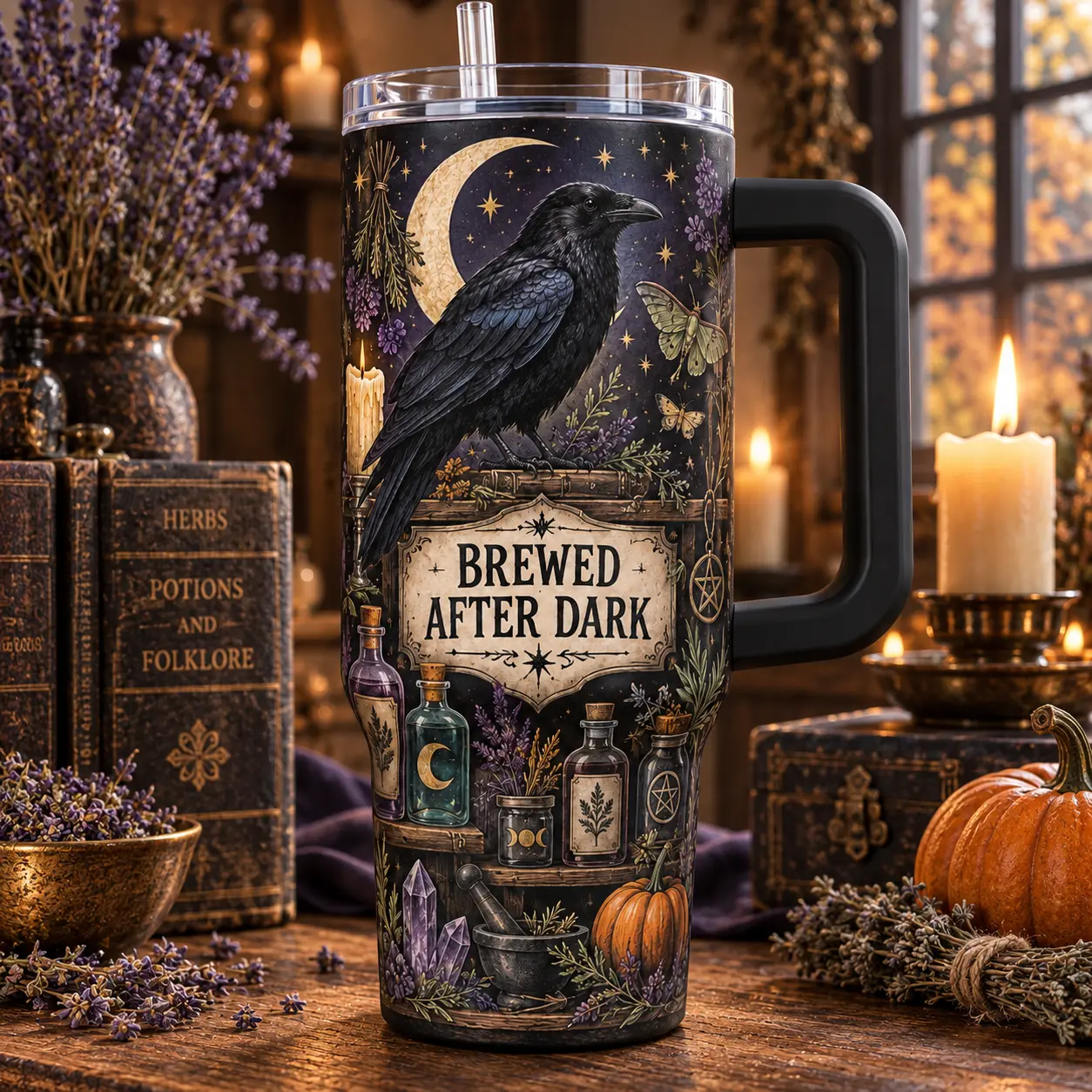 40oz Gothic Raven Stainless Steel Insulated Flask - Witchy Moon Potion Crystal Print Travel Cup with Handle, Straw Lid, Stylish Dark Academia Coffee Mug, Spooky Fall Gift for Women