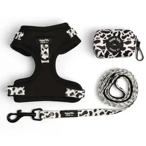 Dairy Dog Walking Set - Black & White Cow Print Harness, Leash & Poop Bag Holder - Adjustable, Durable, Stylish for Pups