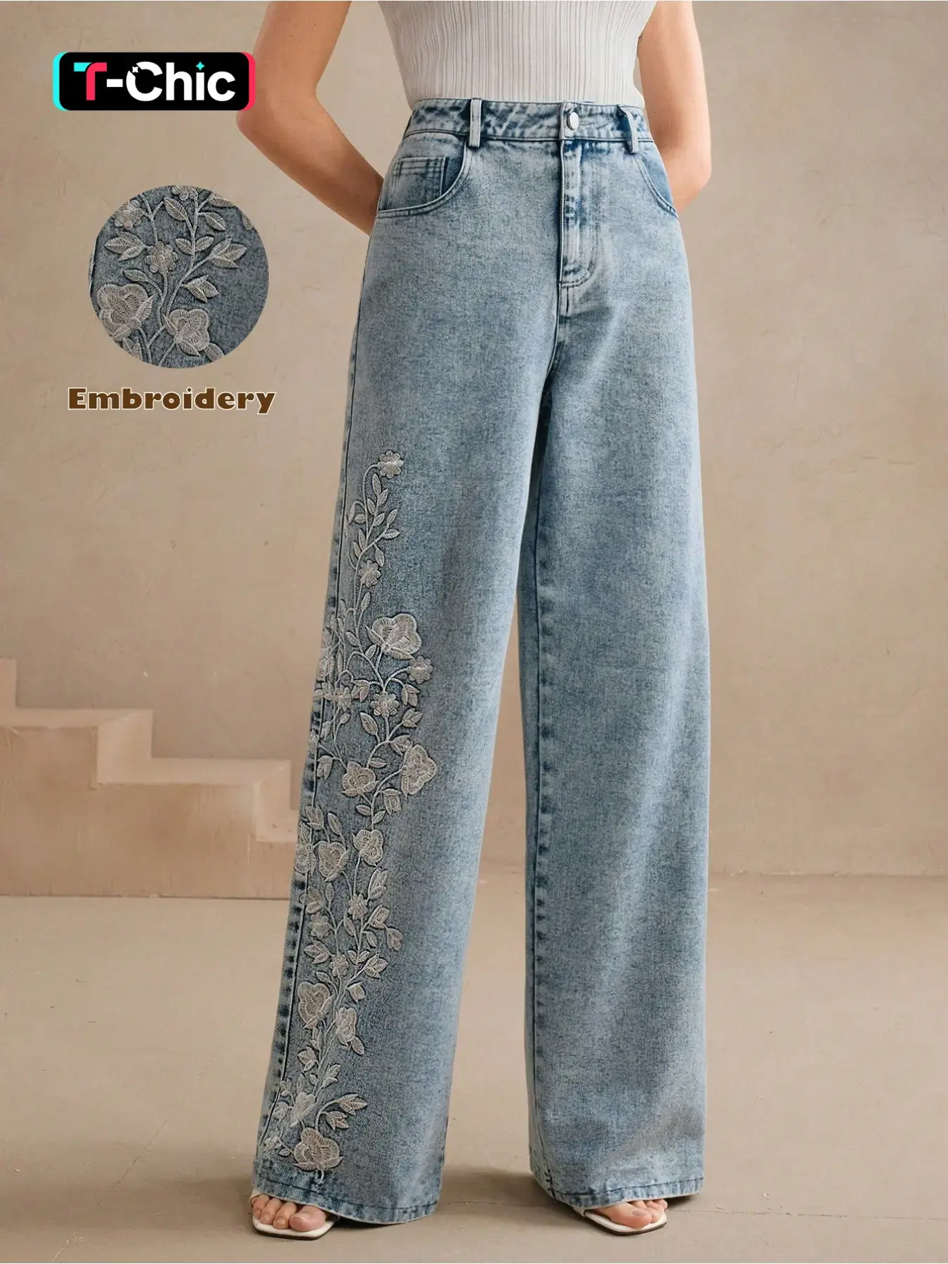 Women's embroidered, personalized, washable fitted straight-leg Casual Denim Jean, elastic, Chic, Elegant, comfortable and versatile denim trousers Pants, Womenswear