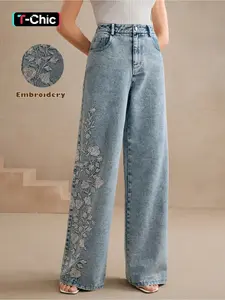 Women's embroidered, personalized, washable fitted straight-leg denim Jean, elastic, Chic, Elegant, comfortable and versatile denim trousers Pants, Womenswear