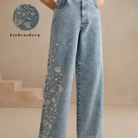 Women's embroidered, personalized, washable straight-leg, elastic, comfortable and versatile trousers Jean High Quality Jeans