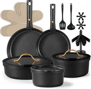 20pcs Pots and Pans Set Non Stick, Nonstick Cookware Set, Dishwasher/Oven/Fridge Safe Pots and Pans, Removable Handle RV Oven Safe Cookware, Induction Kitchen Set, Black