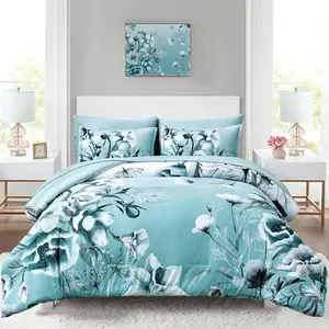 Floral Comforter King Size 7, Aqua Flower a Bag, Gradient Floral Comforter with Sheet, Seersucker Microfiber for (Aqua, 104"x90")