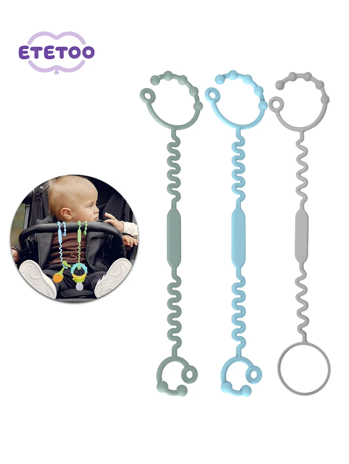ETETOO Toy Straps Pacifier Holder Clip with Self-Adjusting Bayonet Pure Silicone BPA-Free for Teething Toys Feeding Bottles Baby Cribs High Chairs Blue 3ps Set