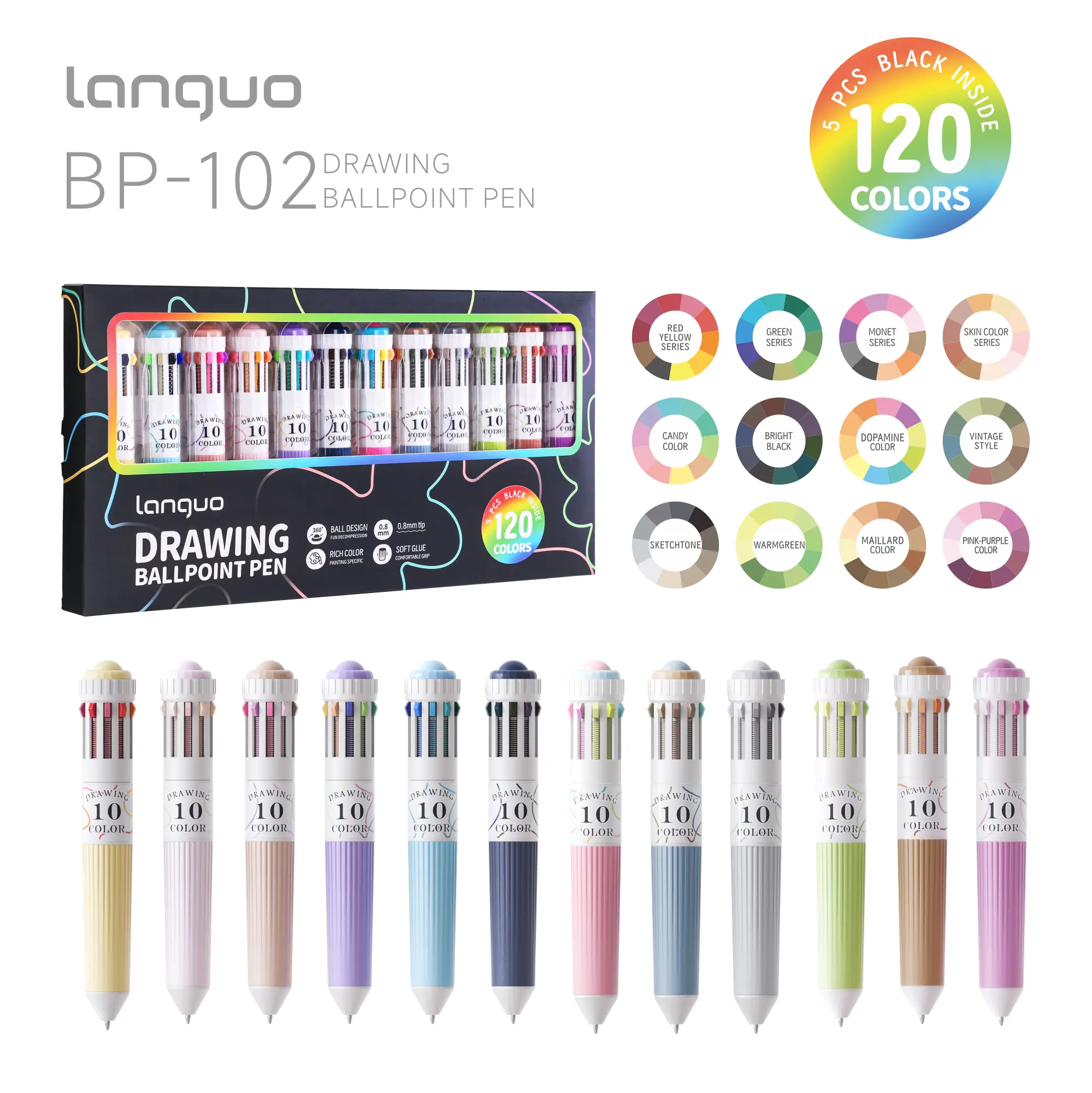 【10-in-1】 languo  Multicolor Shuttle Pens, Professional Ballpoint Pen Art Set 120 Vivid Colors Smooth Pens Pack for Fine Details, Shading & Anime Illustration office school student gift gel pen set perfect writing tool diy craft supply colored