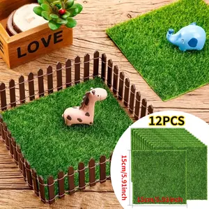 12PCS Fake Grass for Crafts Diorama Grass Garden Artificial Moss Dollhouse 5.9 x 5.9 Inches Miniature Ornament Artificial Turf DIY Fairy Lawn Decoration Diorama Supplies green kit