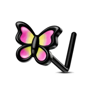 Oufer 20G Black-Pink Butterfly L-Shaped Nose Stud