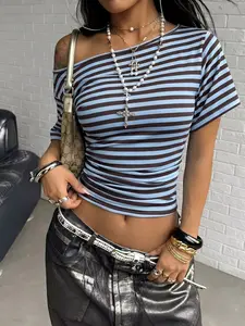 Women's Brown Blue Striped Off Shoulder Crop Top 2026 Y2K Retro Slim Fit Stretchy Short Sleeve T-Shirt With No Ruched Side Casual Going Out Streetwear Summer Daily Trendy Outfits Womenswear Vibe Viral TikTok Made Me Buy It