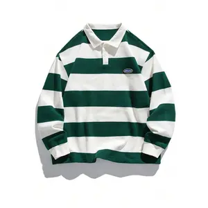 Men Striped Print Letter Patched Polo Neck Sweatshirt Long Sleeve Menswear