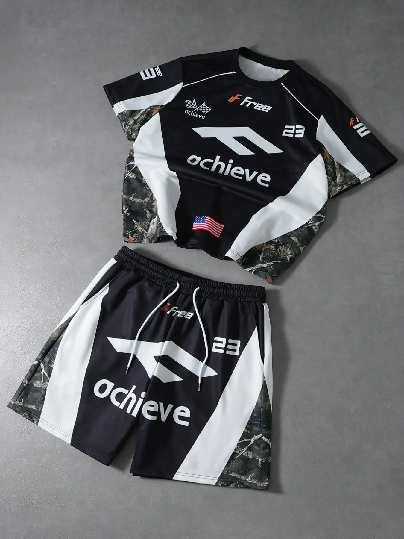 Unisex Street Style branch pattern color-blocked racing black and white patchwork short-sleeved shirt and shorts set, Oversize, Matching, Suitable for streetwear, racing suits, racing culture enthusiasts, Y2K style, couple outfits
