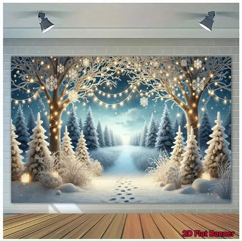 1pc 2D Flat Winter Wonderland Snow Scene with Lights Polyester Backdrop Banner, 8x6ft/244x183cm, Versatile for Home Decor, Photo Shoot, Gift Use