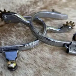 Pair Adult Size Western Embossed Chrome Plate Spurs Brass Rowels and Buttons