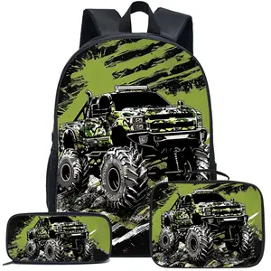 Boys' Off-Road Vehicle Print Three-Piece Backpack Set, Cool Schoolbag for Boys, Elementary School Student Back-To-School Season Campus Schoolbag