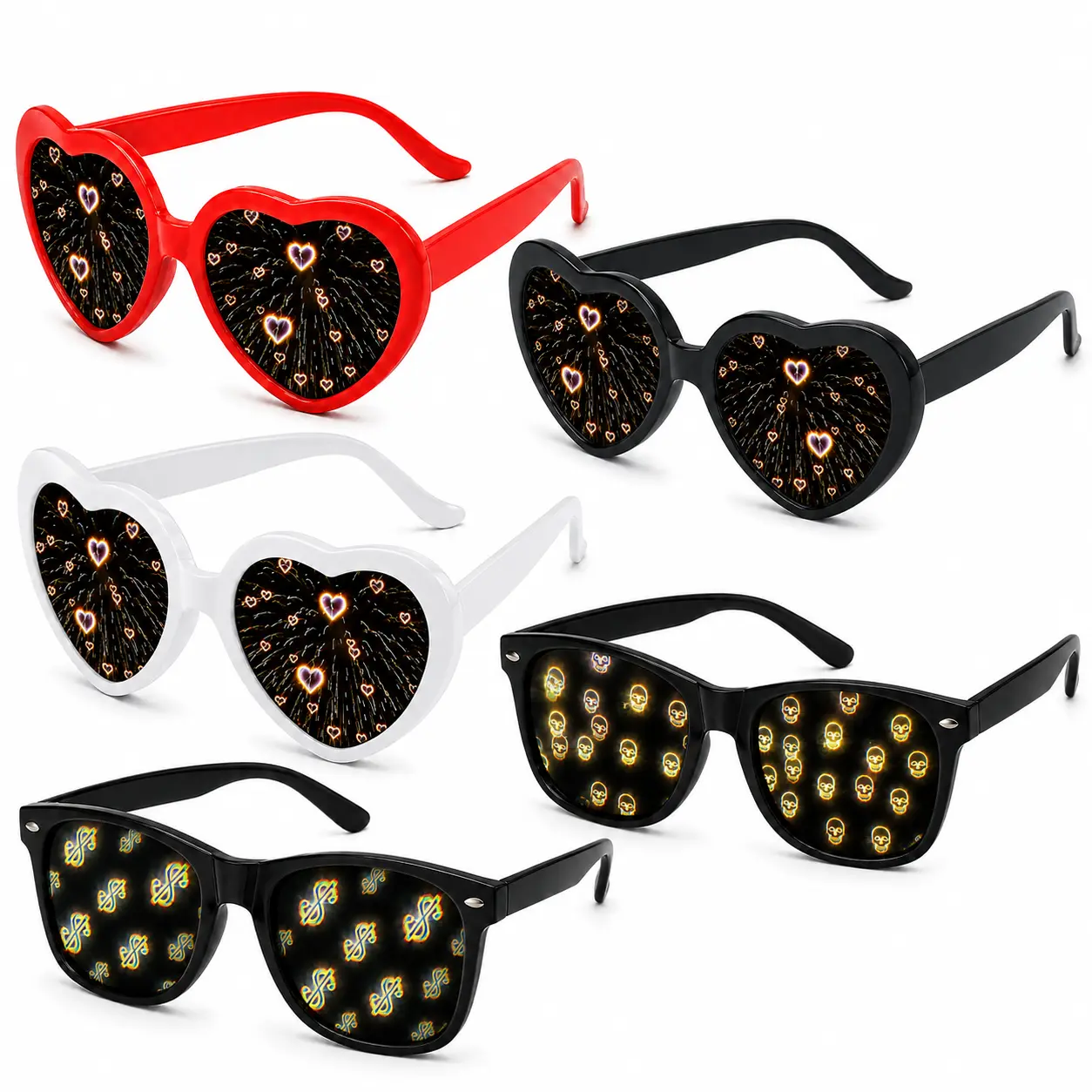 Unisex Light Effect Diffraction Party Glasses - Heart, Skull, Dollar Sign Lens Designs, Turns Lights Into Unique Shapes, Fun Rave Accessory, Accessories for Women