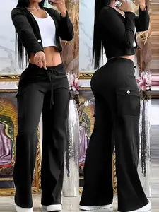 Women's Long Sleeve Button Front Knit Top, Wide Leg Pants with Waist Tie and Side Pockets, Comfortable Fitted Solid Color Set