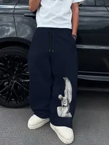 Men's Casual Sporty Long Pants, Athleisure Bottoms, Angel Statue Print Sweatpants, Drawstring Wide Leg, Loose Fit, All Season Men's Clothing, Casual Comfy Sweatpants
