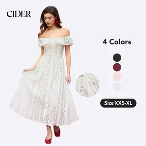 Cider Maxi Dress – Off-Shoulder Knotted Floral Lace Cotton Blend Elegant Romantic Women's Wedding Guest Date Night Gown, Summer Flared Regular Fit Long Dress