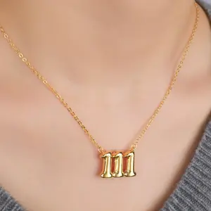 Bubble Angle Number Necklace for Women 111 222 333 444 555 666 777 888 999, 18K Gold Plated Bubble Lucky Number Pendant Necklace Chunky Numerology Jewelry Friendship Birthday Gift Valentine's Day