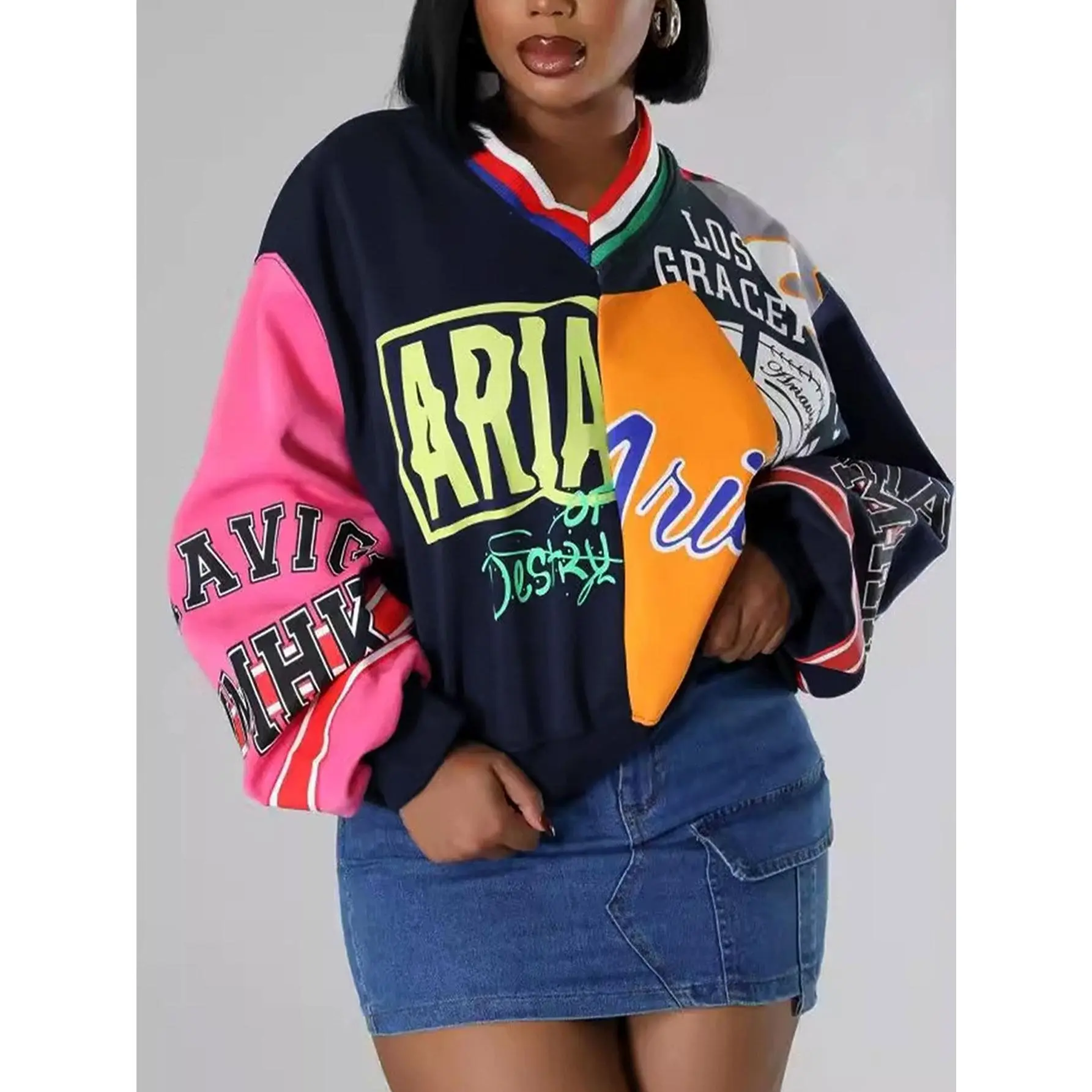 Women’s Oversized Colorblock Graphic Sweatshirt with Graffiti Prints for Y2K Streetwear Trendy Casual Loose Fit Long Sleeve Hoodie Fabric Breathable, Patchwork, Varsity