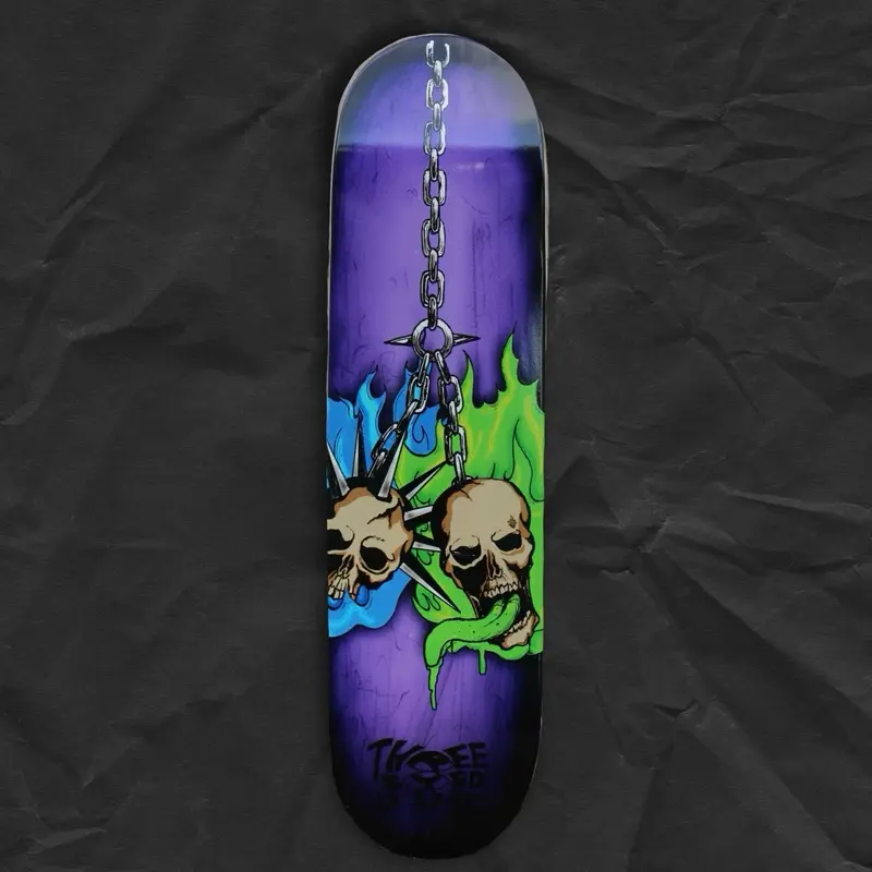 SKULLY X VALENTINE Skate Deck - Purple - 8.25 - 7 ply maple deck - skulls hanging on chain hand drawn art skateboard