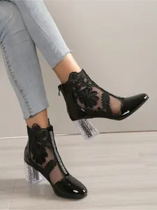 Women's Romantic Lace Mesh Ankle Boots, All-Season Breathable Crystal Heel Shoes