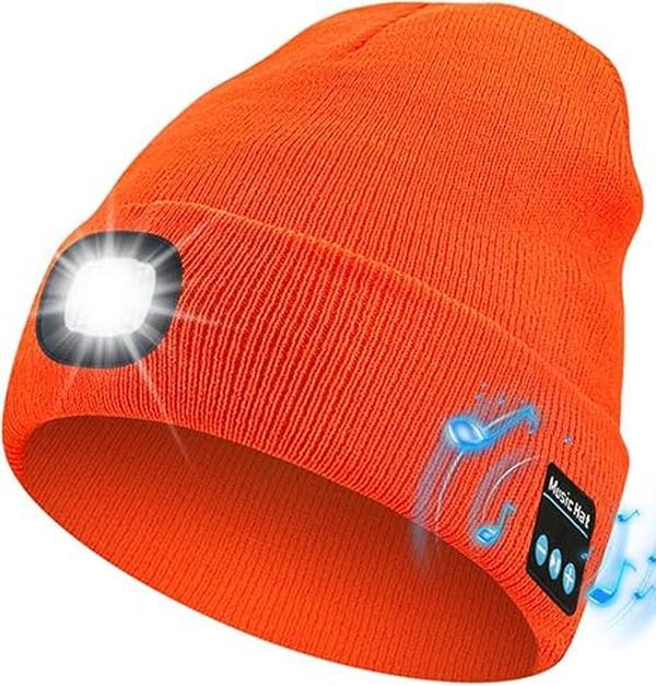 Bluetooth Beanie with a Light, Unisex USB Rechargeable 4 LED Fashlight Hat with Cordless Headphones, Unique Christmas Birthday Gifts for Men Him Husband Teen Black
