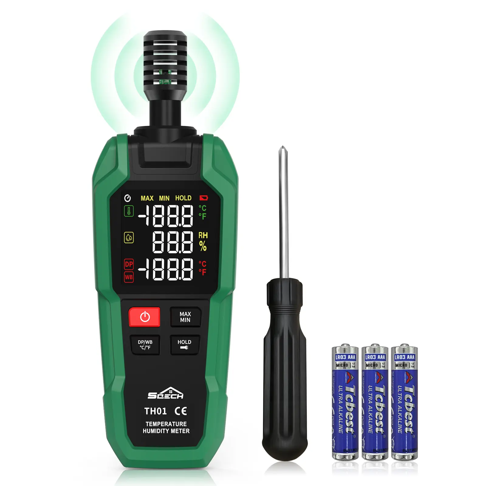 SQECH   Temperature Humidity Meter, High Precision Digital Hygrometer with Ambient, Relative Humidity, Dew Point, Wet Bulb, Thermometer Hygrometer with Color Backlight & Flashlight, Max/Min, Data Hold, for Industrial Home