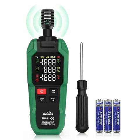SQECH Temperature Humidity Meter, High Precision Digital Hygrometer with Ambient, Relative Humidity, Dew Point, Wet Bulb, Thermometer Hygrometer with Color Backlight & Flashlight, Max/Min, Data Hold, for Industrial Home