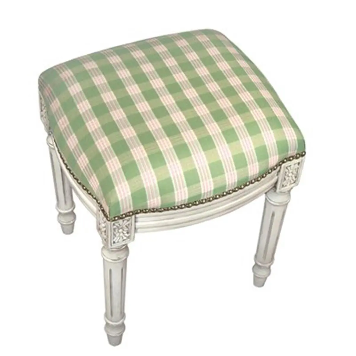 123 Creations Armless Single-Seat Checkered Plaid Fabric Upholstered Indoor Furniture Accent Stool - Green, Whitewash Frame, 15" w x 16" l x 19" h