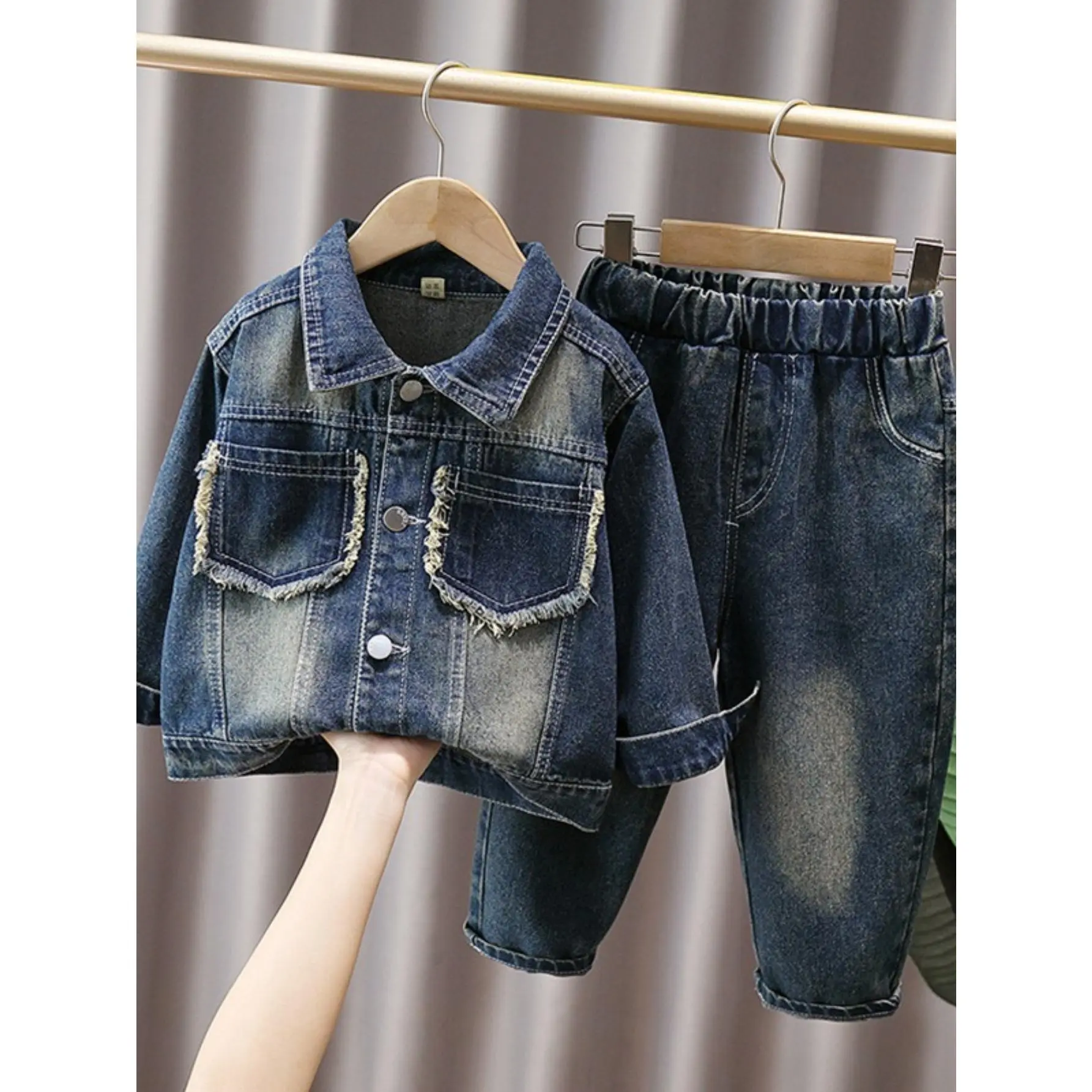 Boys Spring and Autumn Denim Jacket Set New Children's Little Boys Ruffian Handsome Denim Jacket & Pants Suit Fashionable Versatile Easy Match Travel Essential