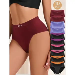 QUASTI 10PCS Women’s High Waisted Underwear, Seamless Letter Waist Panties, Full Coverage Cotton Crotch Briefs, Comfy Skin-Friendly Hip Lifting Knickers, Mix Colors S-XXL