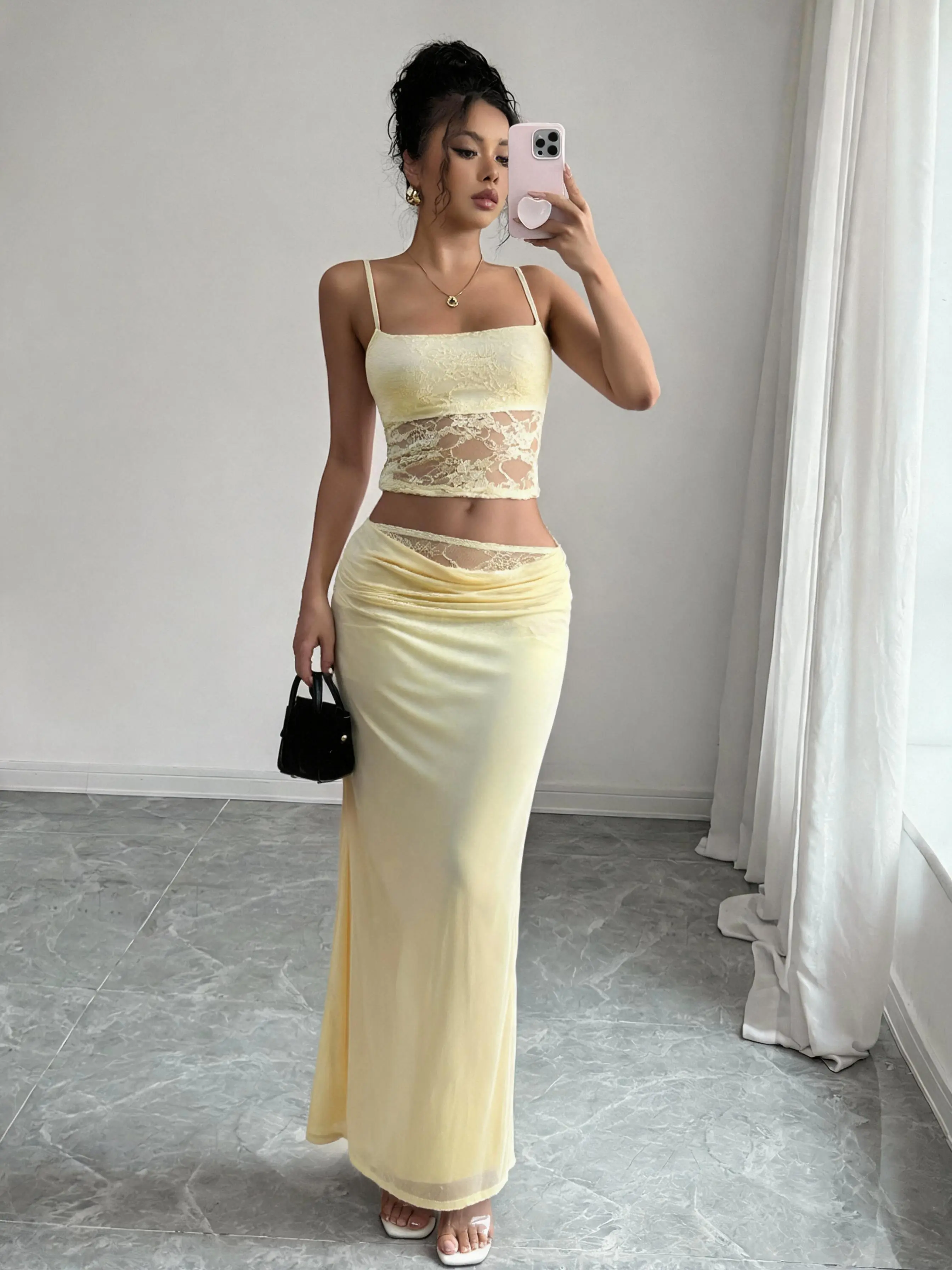 Women's 2 Piece Vacation Outfits Lace Backless Cami Tops with Maxi Skirts Going Out Sets Breathable Soft