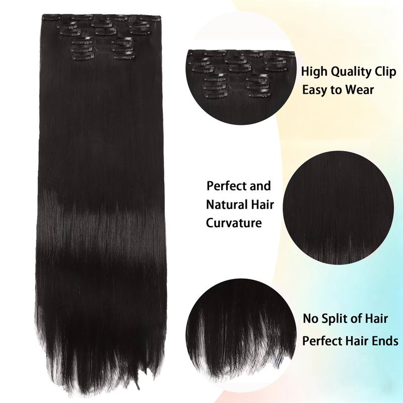 Clip in Hair Extensions 24 Inch 6PCS Natural Fluffy Invisible Seamless Straight Hair Extension High-temperature Synthetic Fiber Double Weft for Daily Use Busy Lifestyle Comfortable Fashionable resistant Thick Hair piece Clip Set