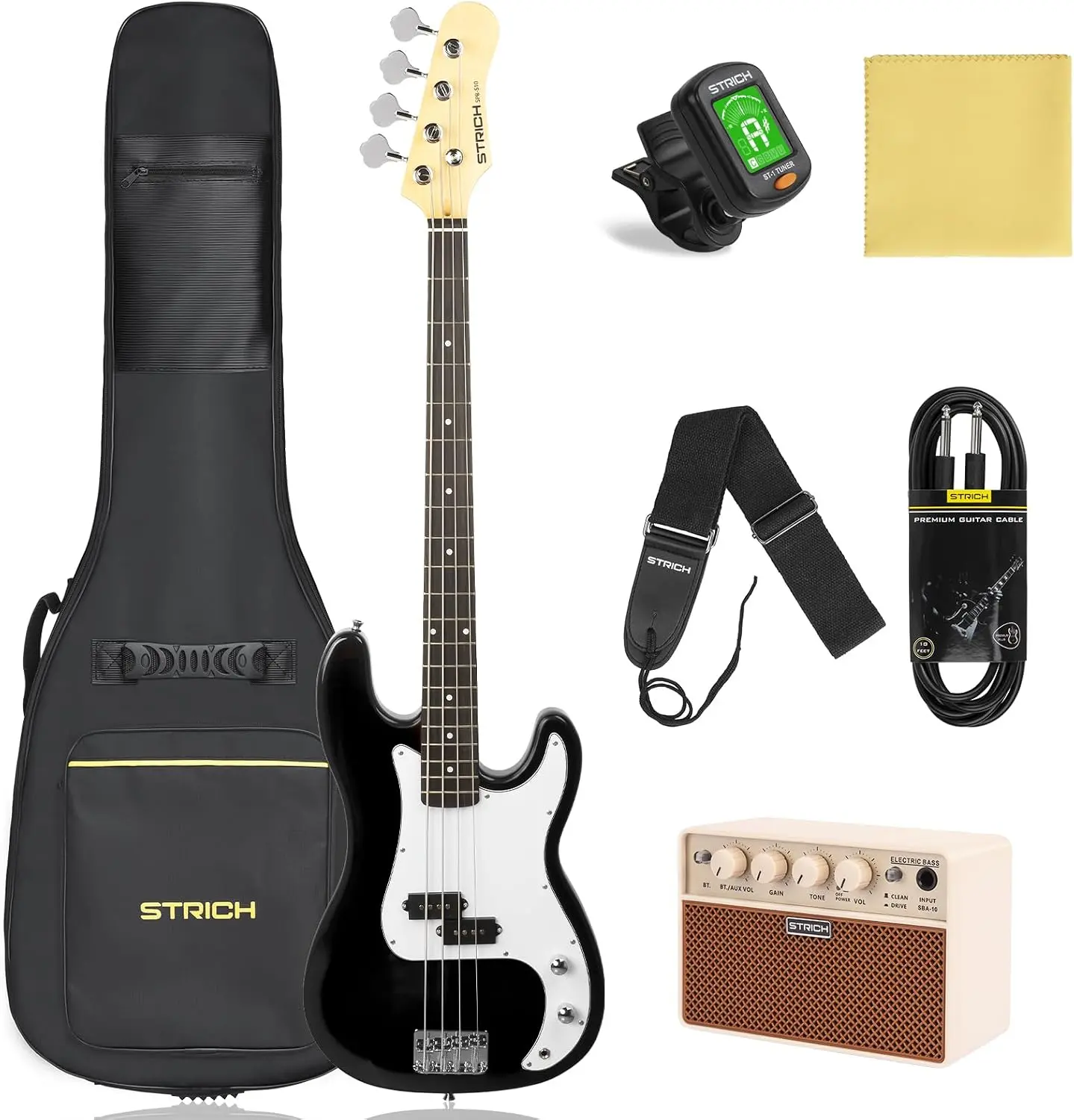 STRICH 4-String Full-Size PB-Style Electric Bass Guitar Beginner Kit, SPB-S10 Model with 20W Amplifier, Bag, Tuner, Strap, Cable, White Fret Markers, Cleaning Cloth for Starters