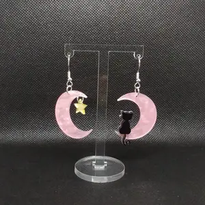 #496 Small Pink Moons with Black Cat & Yellow Star Earrings, Casual, Acrylic
