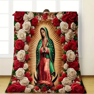 1 Piece Virgin Mary and Rose Pattern Flannel Blanket, 100%25 Tear-Resistant Polyester, Digital Printing, All-Season Multi-Purpose Home Decor, Nap, Office Shawl, Sofa, Travel - Ideal Choice for Christmas, Halloween, Thanksgiving, New Year Gifts