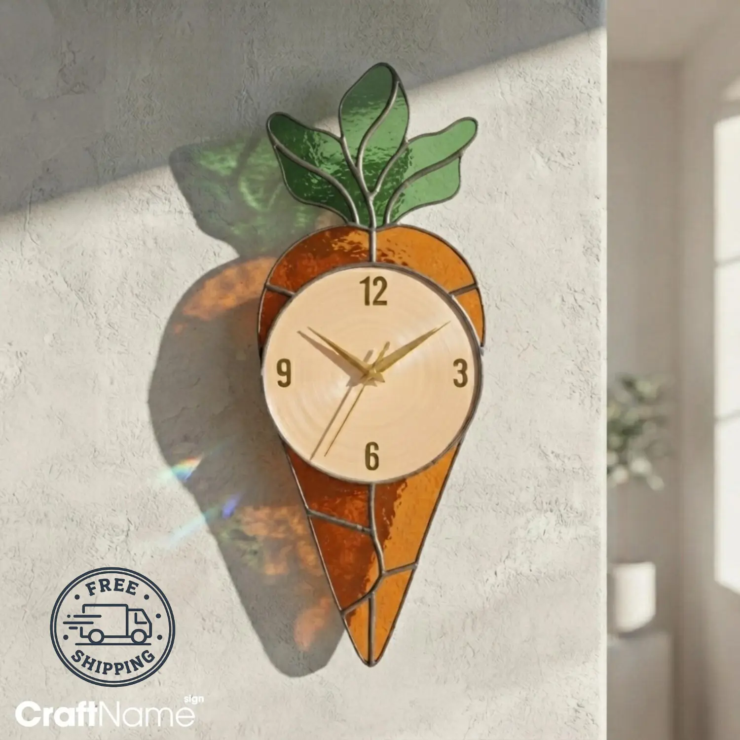 CraftNameSign Handmade Carrot Stained Glass Wall Clock - 10-14 in Metal Accent, Nature-Infused Home Decor for Kitchen Entryway Room, Artwork Gift for Gardeners, Rustic Farmhouse Cafe Accent