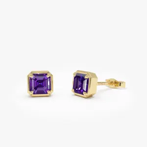 14K Asscher Cut Amethyst Stud Earrings