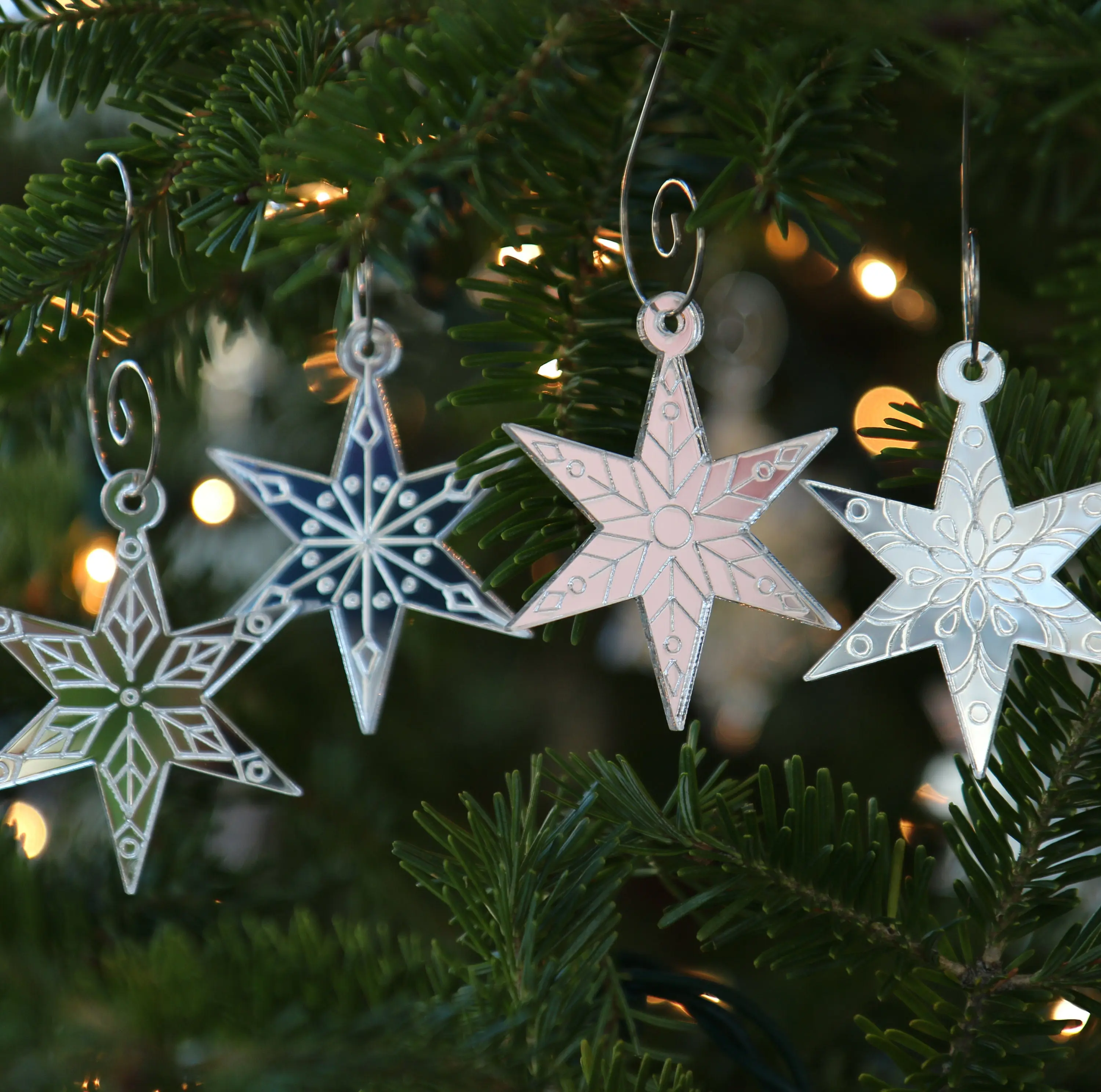 Mini Star Snowflake Ornaments, Set of 4 Christmas Ornaments, Chicago Star Snowflake, Starflake, Silver Ornaments, Etched Mirror Decor