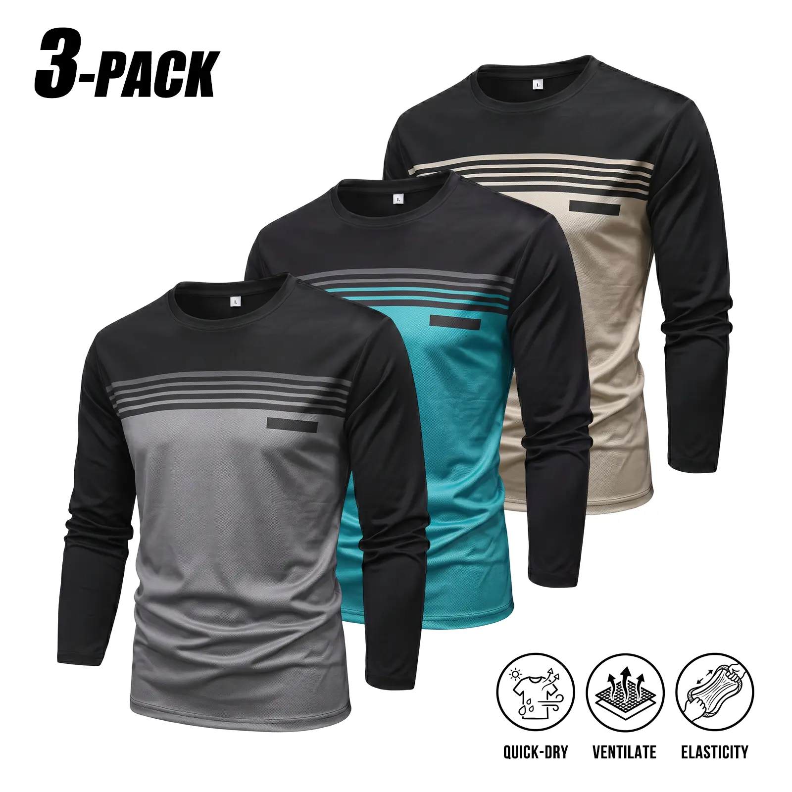 3-PACK Minimalist Horizontal Stripe Color Block Long Sleeve Athletic Shirts, Lightweight Quick Dry Ventilated Stretch Fabric, Three Tone Color Matching, Clean Fit Minimal Urban Crew Neck Active Streetwear Tops Value Set