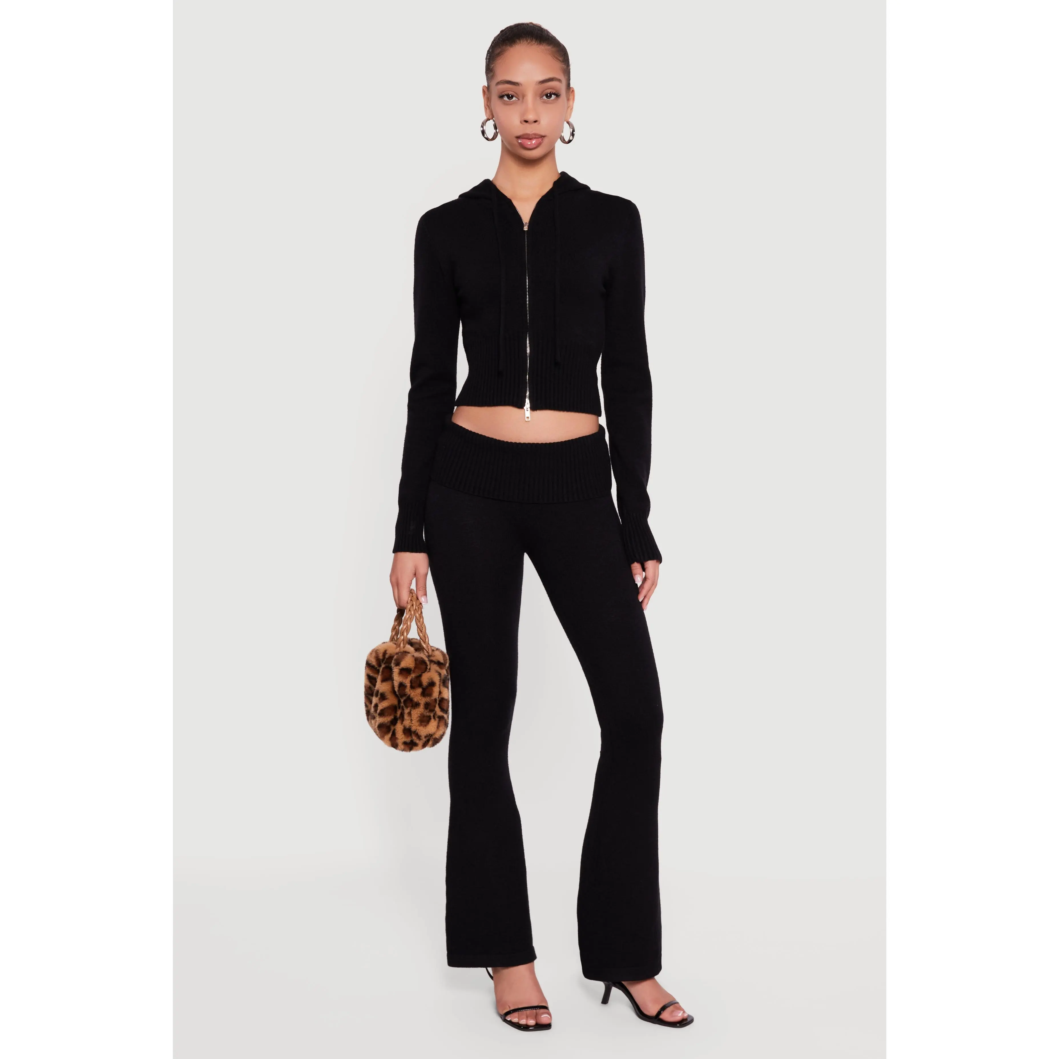 Mid Rise Ribbed Knit Flare Leg Pants