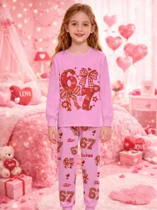 #67  Romance Heart Valentine's Day Kids Long Sleeve Pants Set,Kids Valentine Pajamas, Pink Cute Sleepwear for Girls, Soft Casual Pajamas, Sweet Bedtime Outfit Casual Home Wear, Fitted Random Print ValentinesGift
