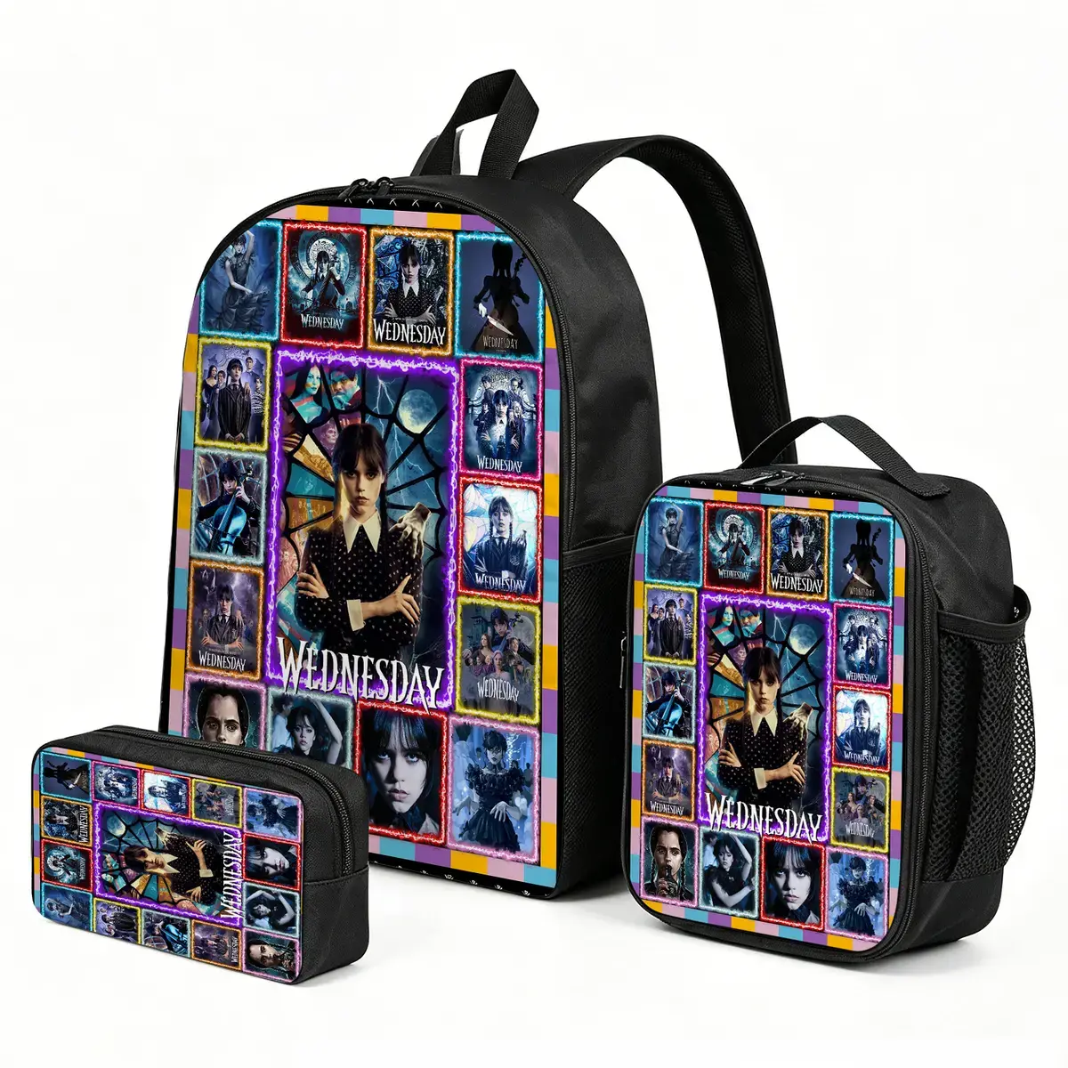 Kid's Wednesday Cartoon Graphic Backpack Set, 3pcs Lightweight Back to School Haul - 1-Size Large Capacity Daypack with Matching Lunch Pouch & Crossbody/Shoulder Bag, One Size
