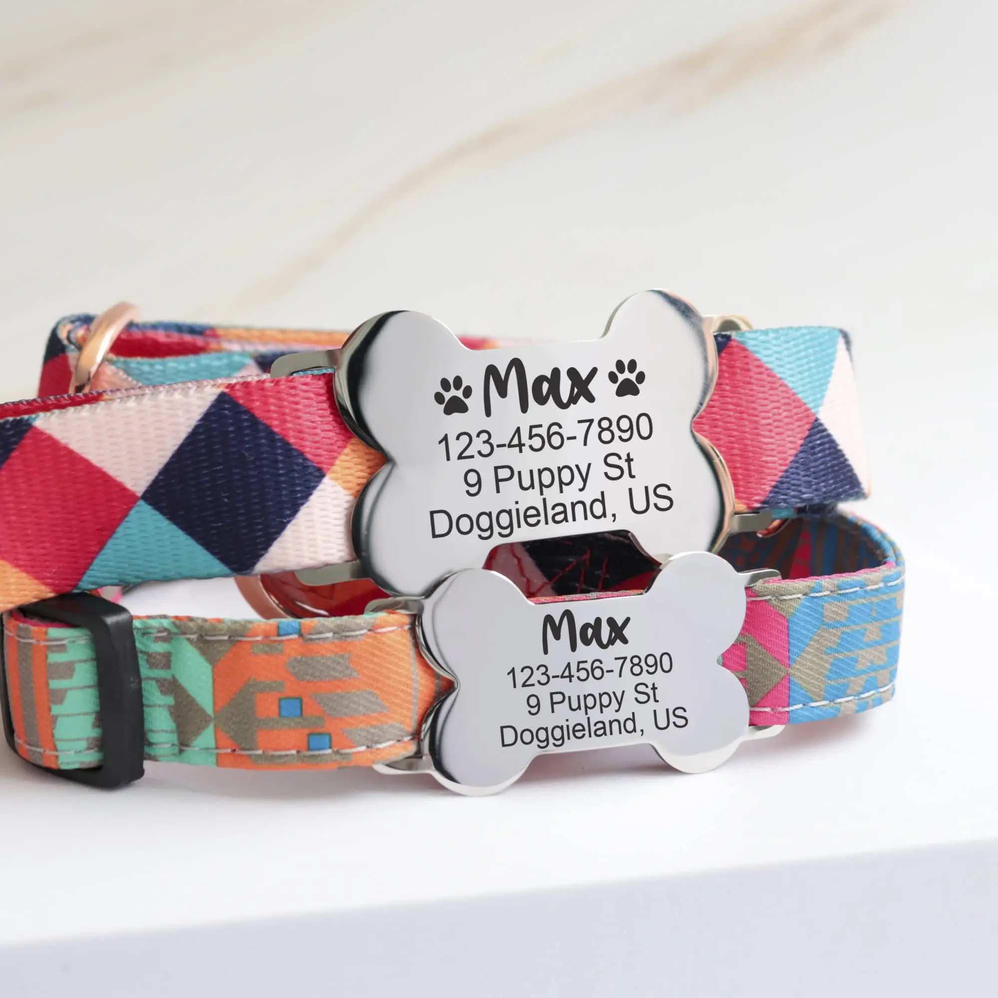 Silent Slide On Pet ID Bone Tags - Custom Engraved Martingale Dog & Cat Silicone No Jingle Chew Proof Stainless Steel Silver Collar Name Tags