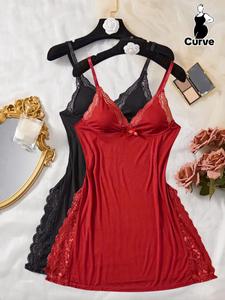 【plus size】 contrast lace split thigh cami nightdress, elegant casual fit soft comfortable sleep dress, night gown for women, spaghetti strap nightgown for women, women's sleepwear for all seasons, lady loungewear, womenswear