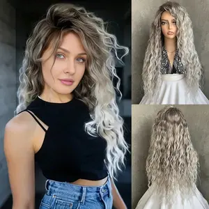 Grey Long Curly Wig 26 Inches long wigs Synthetic Mixed Gray Wave hair for Women Free Part Full Layered Long Wavy Grey Wig