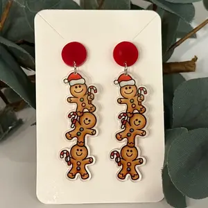 Triple Gingerbread with Candy Cane Christmas Dangle Earrings