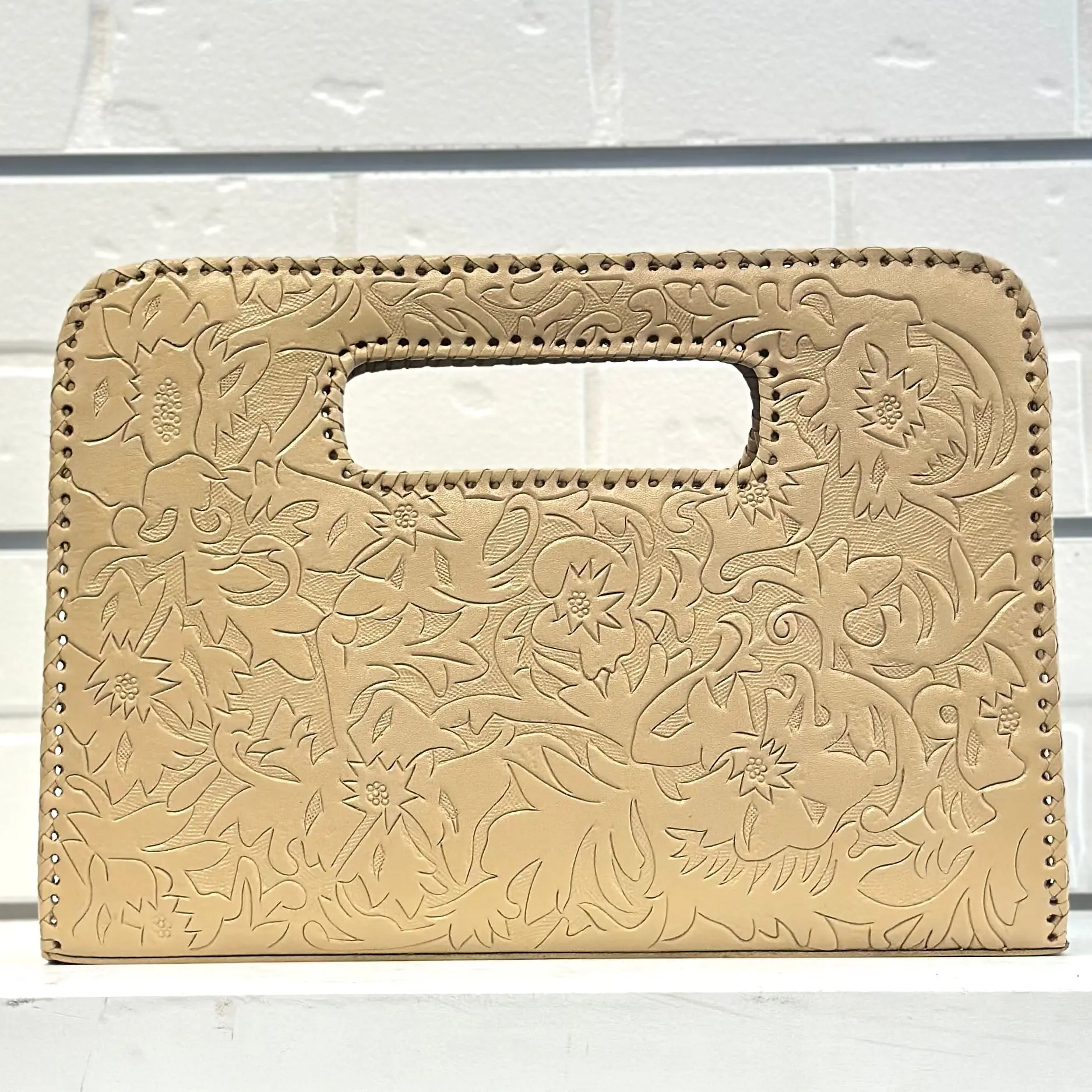 Catalina Hand-Tooled Leather Clutch - Beige