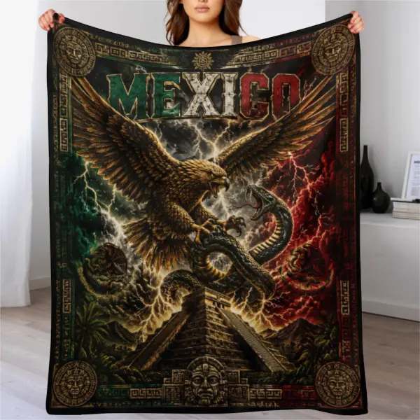 Mexico Eagle and Serpent Throw Blanket, Aztec Pyramid Fleece Blanket, Mexican Flag Heritage Blanket, Soft Flannel Sofa Bed Blanket, All Season Home Decor, Gift for Birthday Christmas Father's Day and Mexico Fans